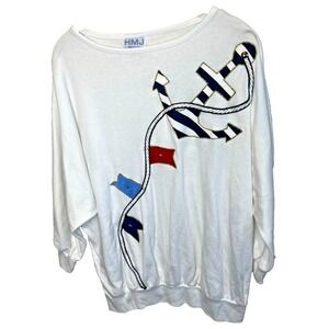 Vintage Anchor Nautical‎ Striped White Stretch Shirt Made in USA Size M HMJ
